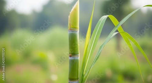 Close-up of Fresh Green Sugarcane Stalk in a Lush Field.