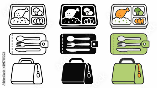 Variety of bento box designs with cutlery and bag icons