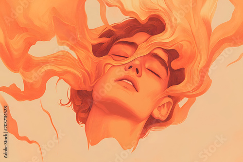 A surreal digital painting of a serene young person with closed eyes.