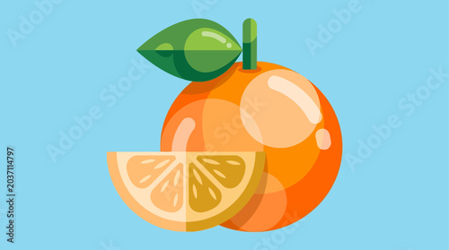 Quadro su tela Fresh cut orange slices on a light blue background with green leaf