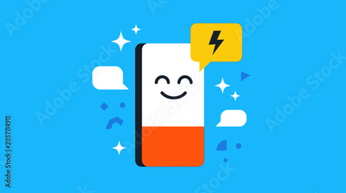 Φωτογραφία A smiling battery icon chats with speech bubbles on a blue background