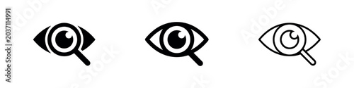 Konstfotografi Search and discovery icon set, depicting an eye with a magnifying glass for analysis