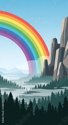 Vibrant rainbow arching over modern city skyline.