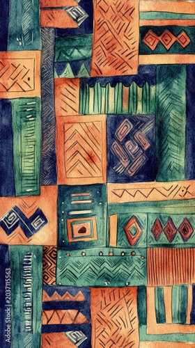 A colorful piece of art with a pattern of squares and triangles