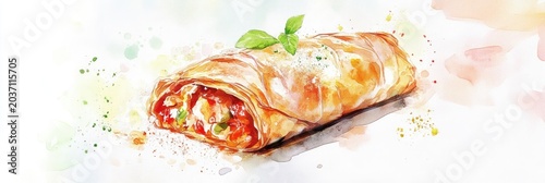A piece of food with a green leaf on top