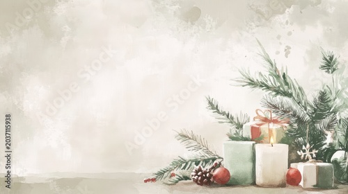 A Christmas scene with a white background and a bunch of Christmas decorations
