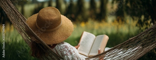 Woman in a straw hat relaxing in hammock and reading a book 