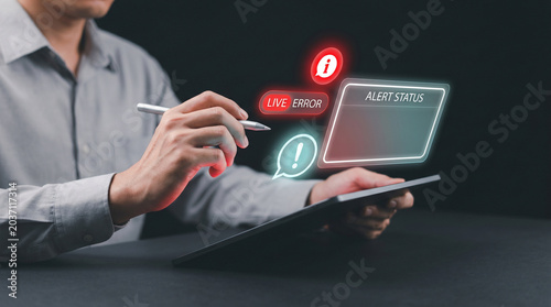 Holographic System Alert Warning Dialog Appears Above Digital Tablet to Display Live Error Notifications, Show Alert Status Messages, and Indicate Critical Issues, Focusing on System Monitoring