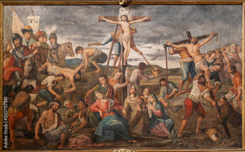 Bild auf Leinwand Painting of Jesus Christ crucified on the cross represented with Mary, Mary Magdalene and Saint John