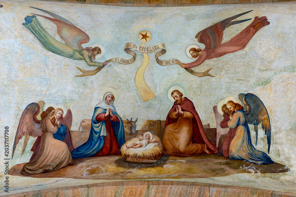 Obraz premium Fresco of Christmas Nativity Scene with Virgin Mary, Saint Joseph, and Jesus baby.