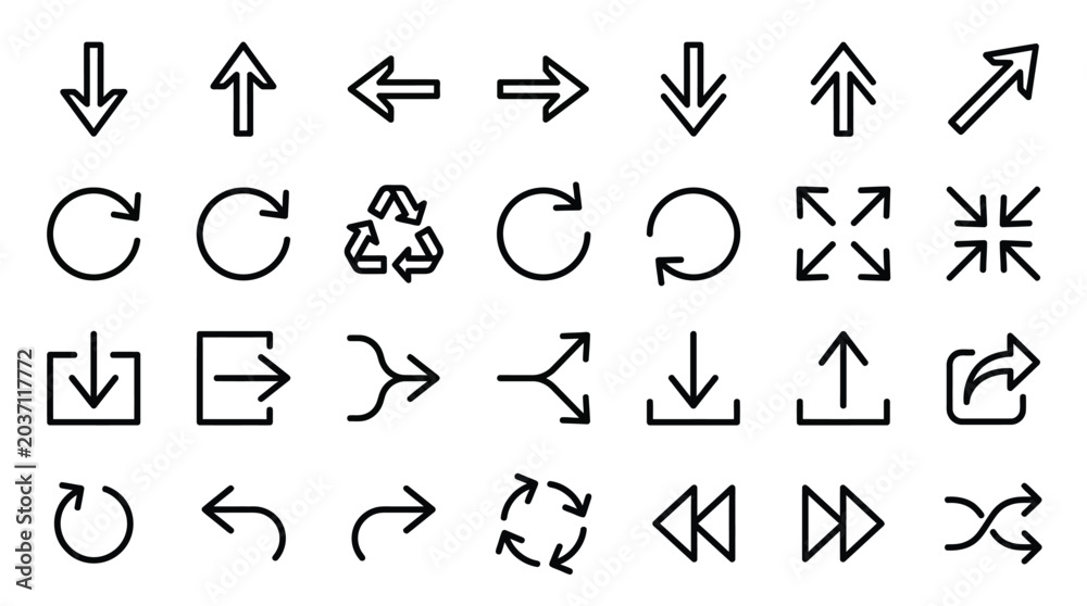 Fototapeta premium Collection of simple black outline arrow icons for digital user interface design