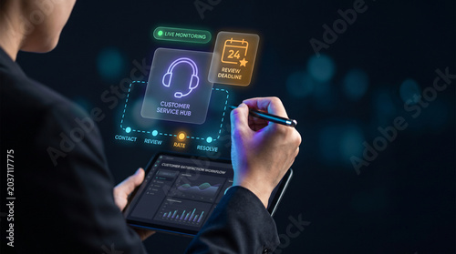 Holographic Customer Service Hub Interface Floats Beside Tablet to Display Headset Icon, Set Review Deadline, Monitor Live Status, and Organize Contact Workflow, Focusing on Support Management