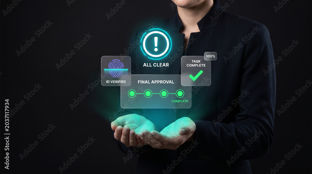 Fototapeta premium Woman Presents Final Approval Hologram Showing Identity Verification, Task Completion Progress, and All-Clear Confirmation Status, Focusing on Biometric Validation, Process Closure