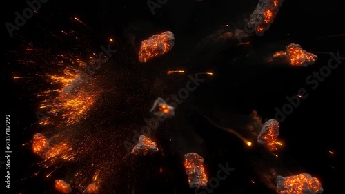Static shot of CGI asteroid exploding into fiery glowing debris and sparks on dark black space background