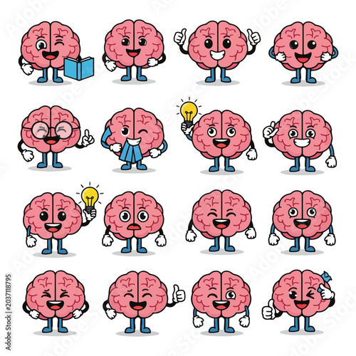 Collection of cute brain cartoon character mascot stickers with multiple facial expressions and poses