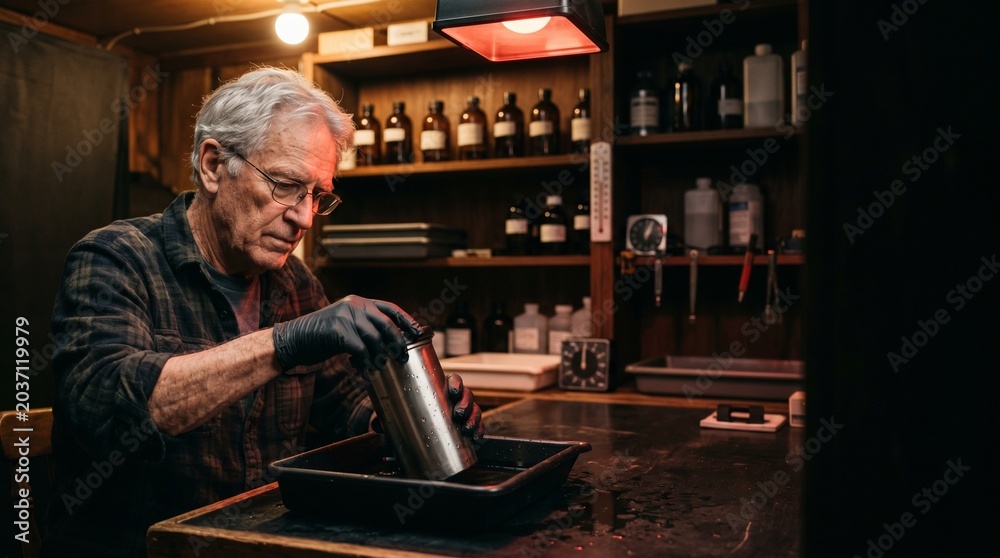 Obraz premium Senior Photographer Developing Analog Film in a Traditional Darkroom with Red Safelight