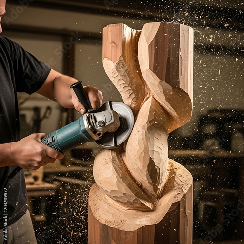A woodworker using an electric angle grinder to shape a large, wavy wooden sculpture.