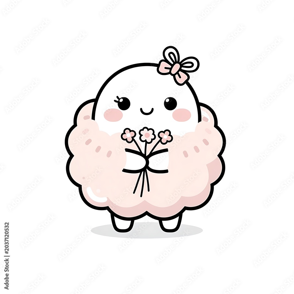Obraz premium Cute cartoon sheep face with floral headband smiling.