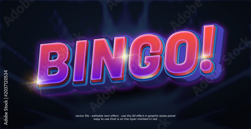 Neon bingo text effect editable vector graphic style on dark background