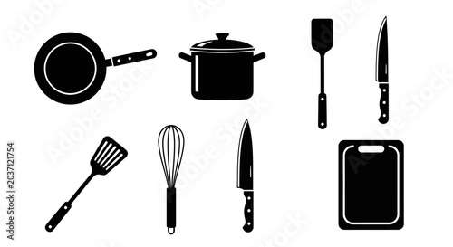 Quadro su tela Kitchen utensils and cookware icons black silhouettes on white background cookin