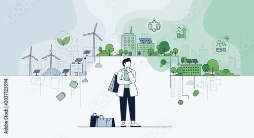 ESG concept person in sustainable city with wind turbines and green houses