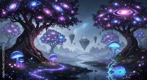 Surreal Night Forest A River Flows Through a Magical Landscape of Starry Trees and Glowing Flora