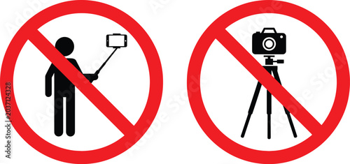 Warning signs prohibiting the use of selfie sticks and tripods in this location