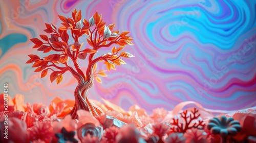 Surreal landscape features tree, vibrant colors, flowing patterns. Abstract forms create dreamlike scene, captivating visuals.