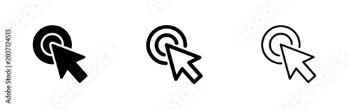 Photos Cursor icon: mouse pointer clicking a target, in solid, outline, and filled outl