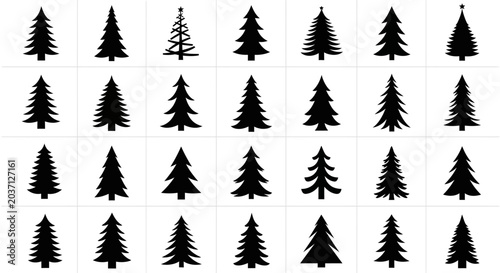 Collection of various black christmas tree silhouettes on white background for design and decoration