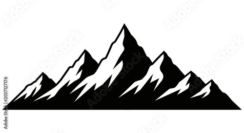 Black silhouette of rugged mountain range with sharp peaks on white background