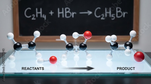 Addition Reaction Chemical Structure Scene Showing Detailed Molecular Models and Professional Scientific Illustration Style