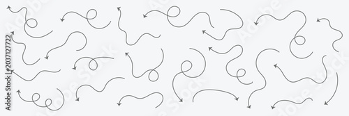 Squiggly arrows doodle set. Curve and Spiral comic symbols in sketch style. Hand drawn vector illustration isolated on white background . Vector Illustration . EPS 10 .