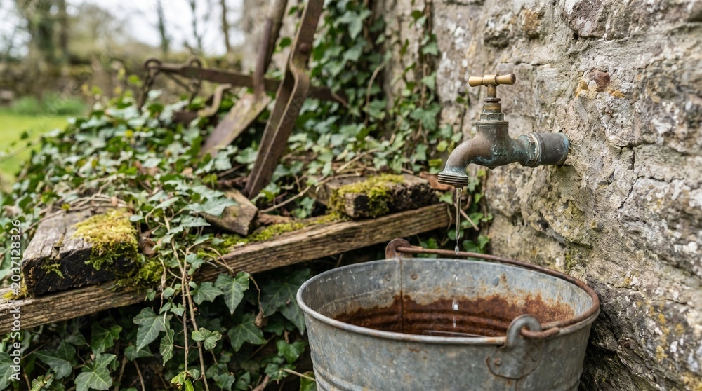 Fototapeta premium Dripping Tap Rustic Outdoor Scene Featuring Weathered Metal Surfaces Natural Daylight and Authentic Countryside Atmosphere