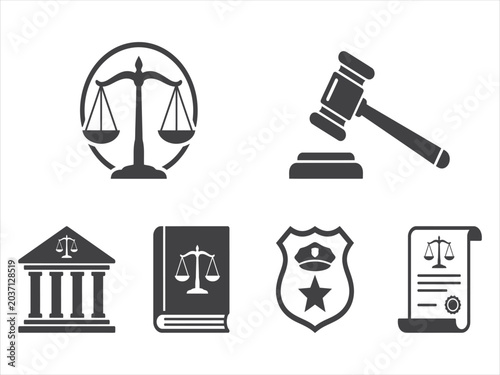Law and Justice solid icon set. Includes symbols for Scales of Justice, Gavel, Cyber Law, and Anti-corruption. Solid vector icons for legal consultancy, court system, and regulatory