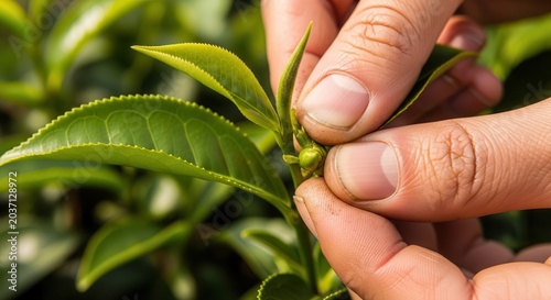 Close-up of hands carefully picking fresh green tea leaves from a plant in a plantation.