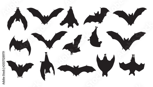 Billede på lærred black and white silhouette set of bat very high quality vector illustration