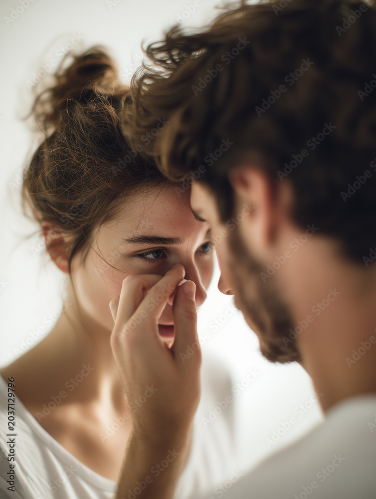 Naklejka premium Man wipes tears from his partners cheek in softly lit white room with warm studio light during an emotional moment together
