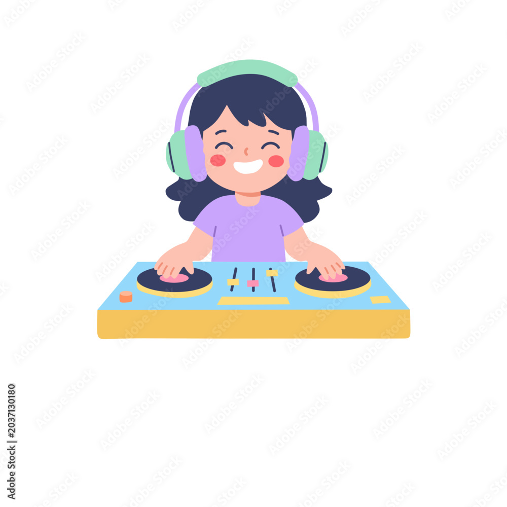 Fototapeta premium Cartoon Dj Mixing Music at the Party with Turntable Setup