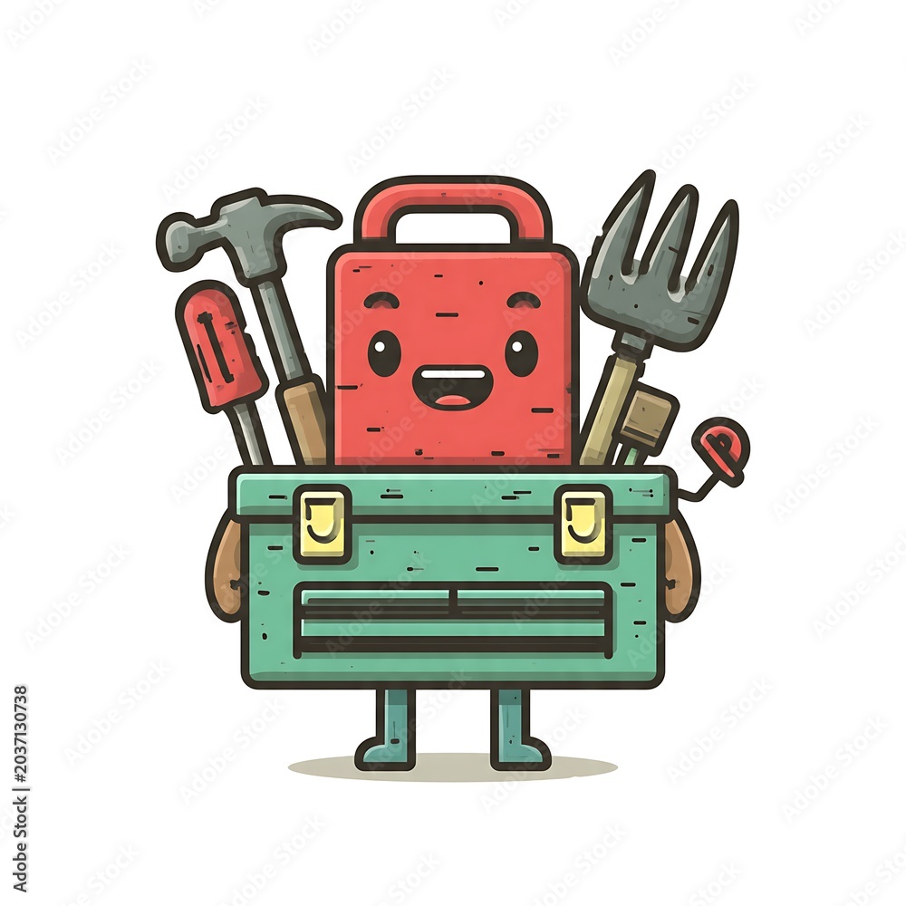 Fototapeta premium Cute cartoon robot with green body and red head smiling happily.