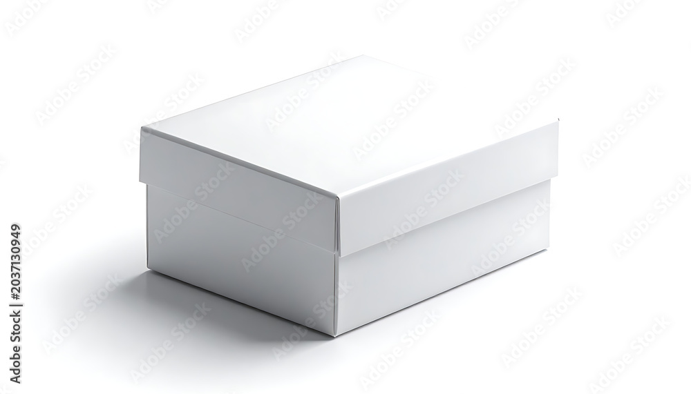 Naklejka premium A closed white shoebox, simple packaging mockup on a shadow, isolated studio shot