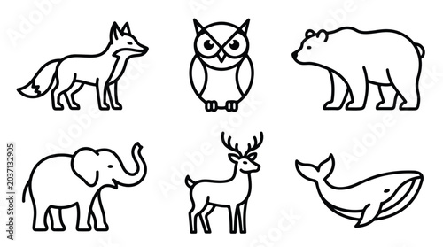 Minimalist animal line icons set, 6 wild animal vector illustrations, black outline fox owl bear elephant deer and whale symbols for branding