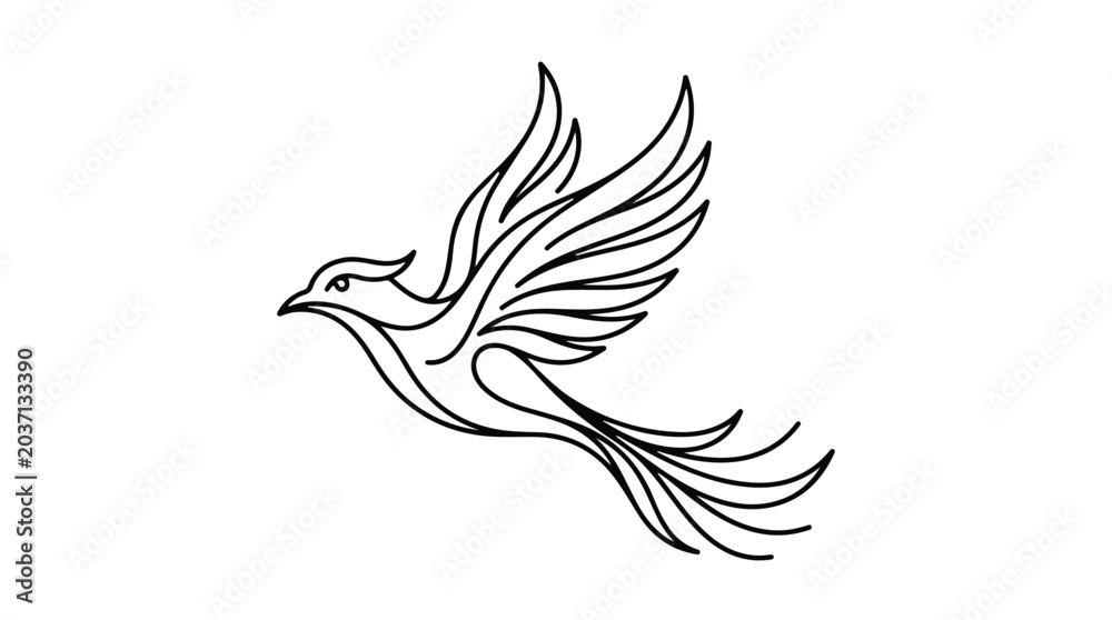 Fototapeta premium Minimalist phoenix line art vector, flying mythical bird logo icon, elegant black and white firebird illustration for branding and tattoo design