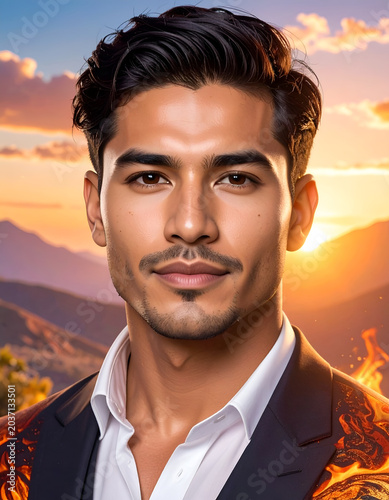 Portrait of a handsome man against warm sunset background.