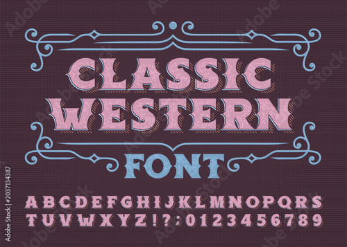 Classic western alphabet font. Faded distressed letters and numbers with a rough handcrafted look. Vector typeface for vintage labels, signage, poster typography, and custom lettering.