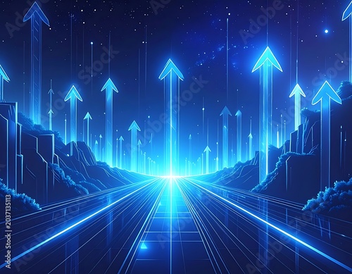 Futuristic glowing blue upward arrows landscape.