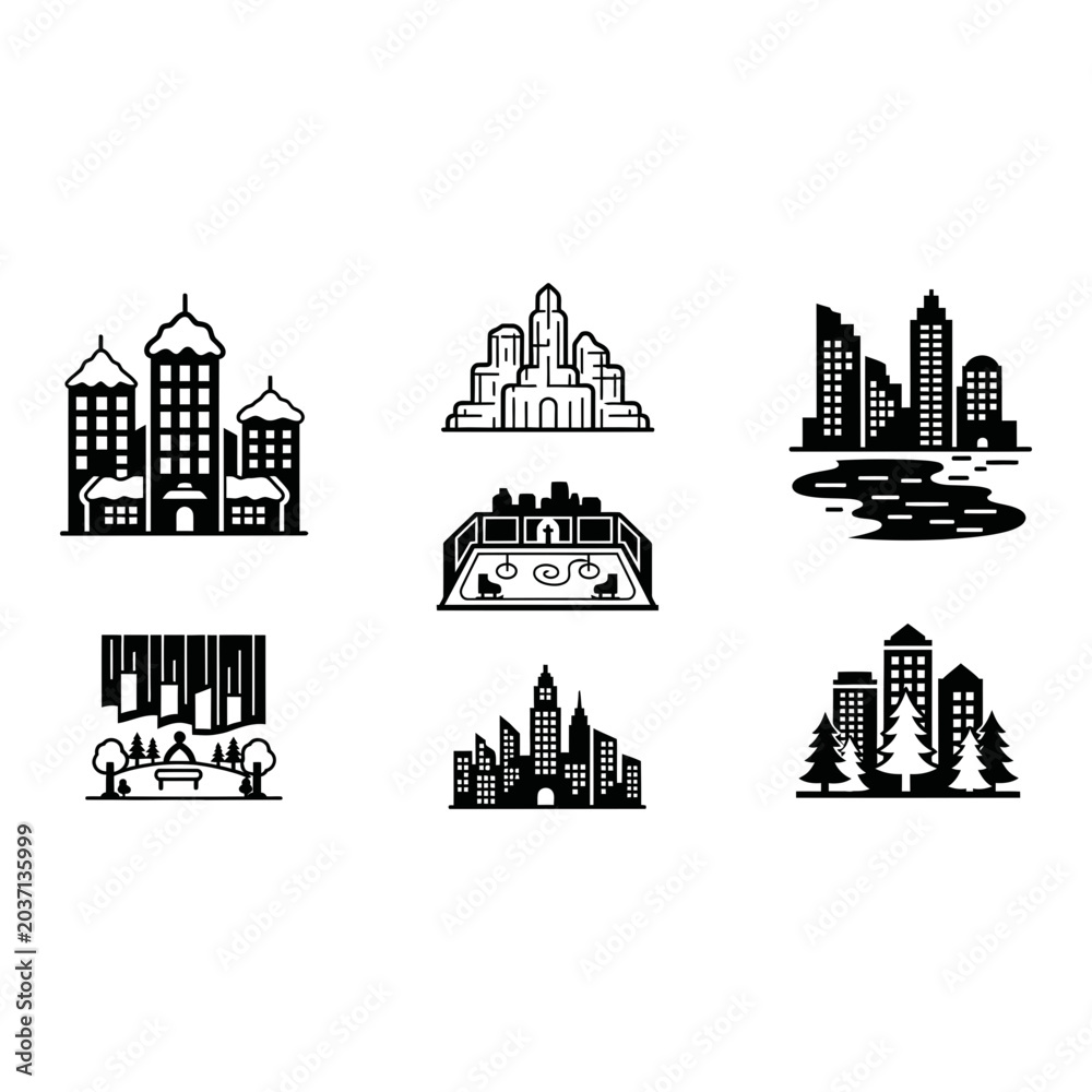 Fototapeta premium Modern Cityscape Icons Set, Urban Skyline Silhouettes, Business District Buildings, Vector Graphics Collection