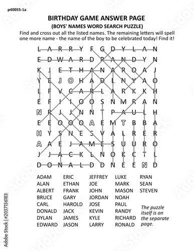 Answer page for boys' names word search puzzle game with hidden word (JONATHAN)
