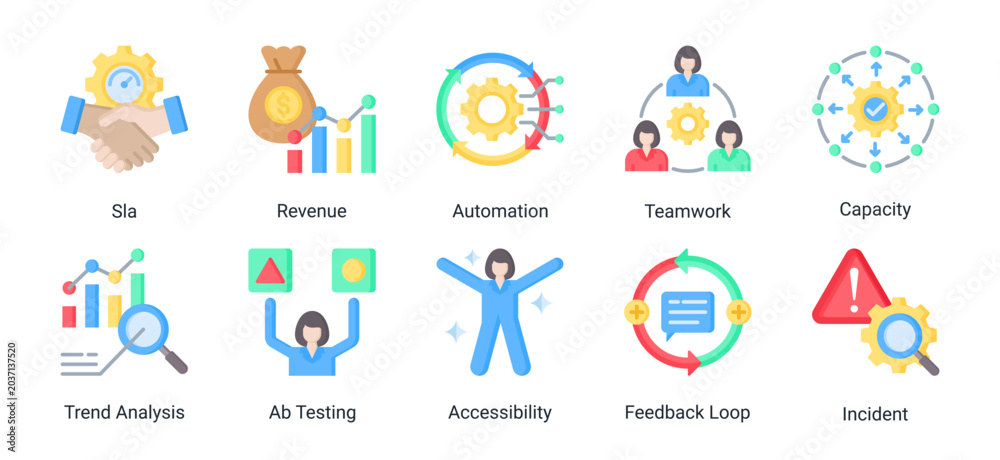 Fototapeta premium Performance Control icon set featuring automation,trend analysis,feedback loop,and incident management vector concepts for business operations.