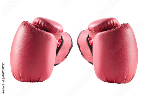 Konstfotografi Red boxing gloves rest against a stark white background